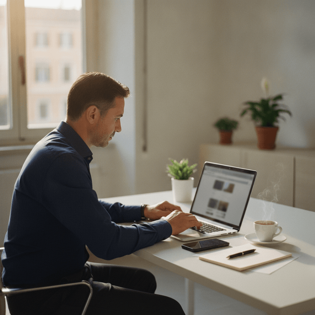 Titolare di agenzia immobiliare valuta un software al computer nel suo ufficio con luce naturale
