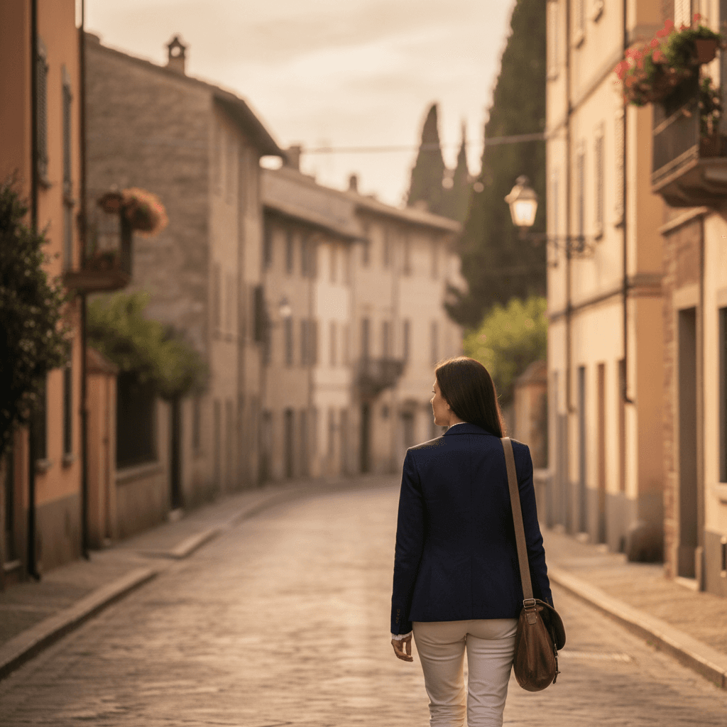 Agente immobiliare cammina in una via residenziale italiana osservando le case del quartiere