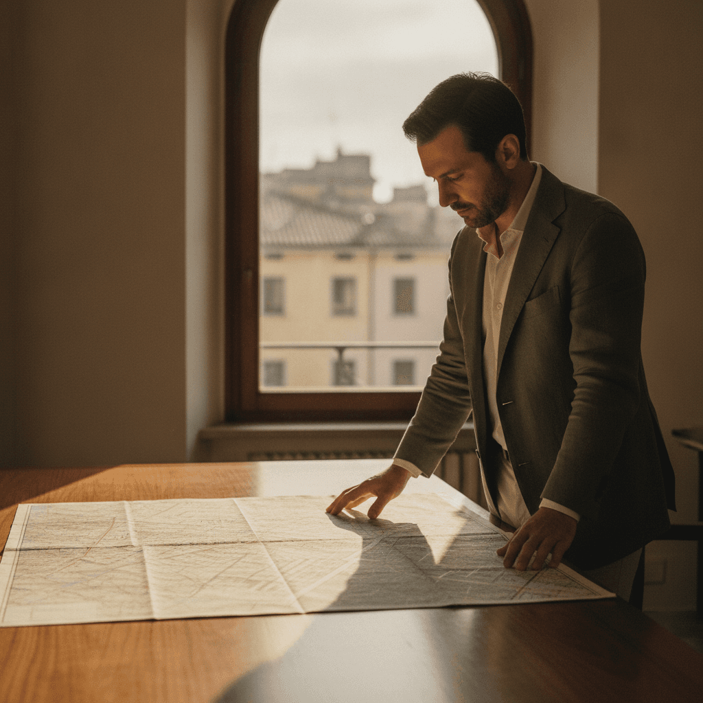 Agente immobiliare studia una mappa del quartiere alla scrivania del suo ufficio