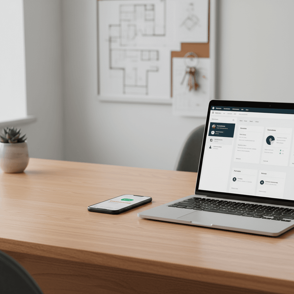 Scrivania di un ufficio immobiliare con un laptop aperto su una dashboard e uno smartphone con una notifica di messaggio