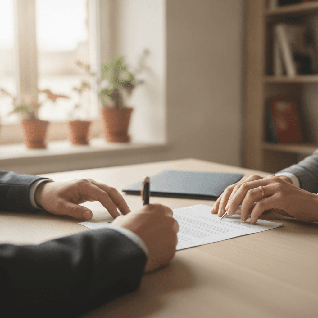 Mani di un agente e di un proprietario al tavolo durante la firma di un contratto di vendita