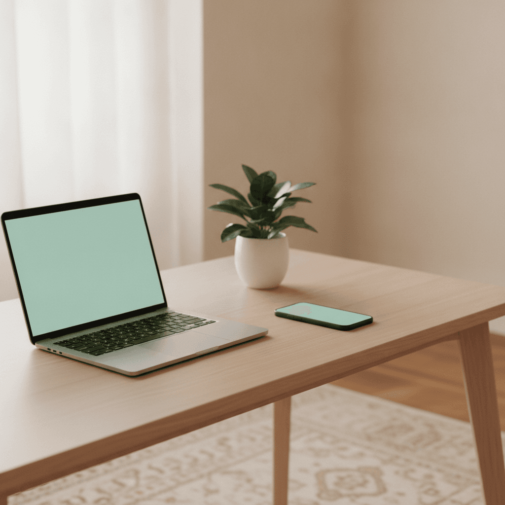 Scrivania minimalista di un'agenzia immobiliare con un laptop e uno smartphone accesi di luce verde, luce naturale, atmosfera professionale