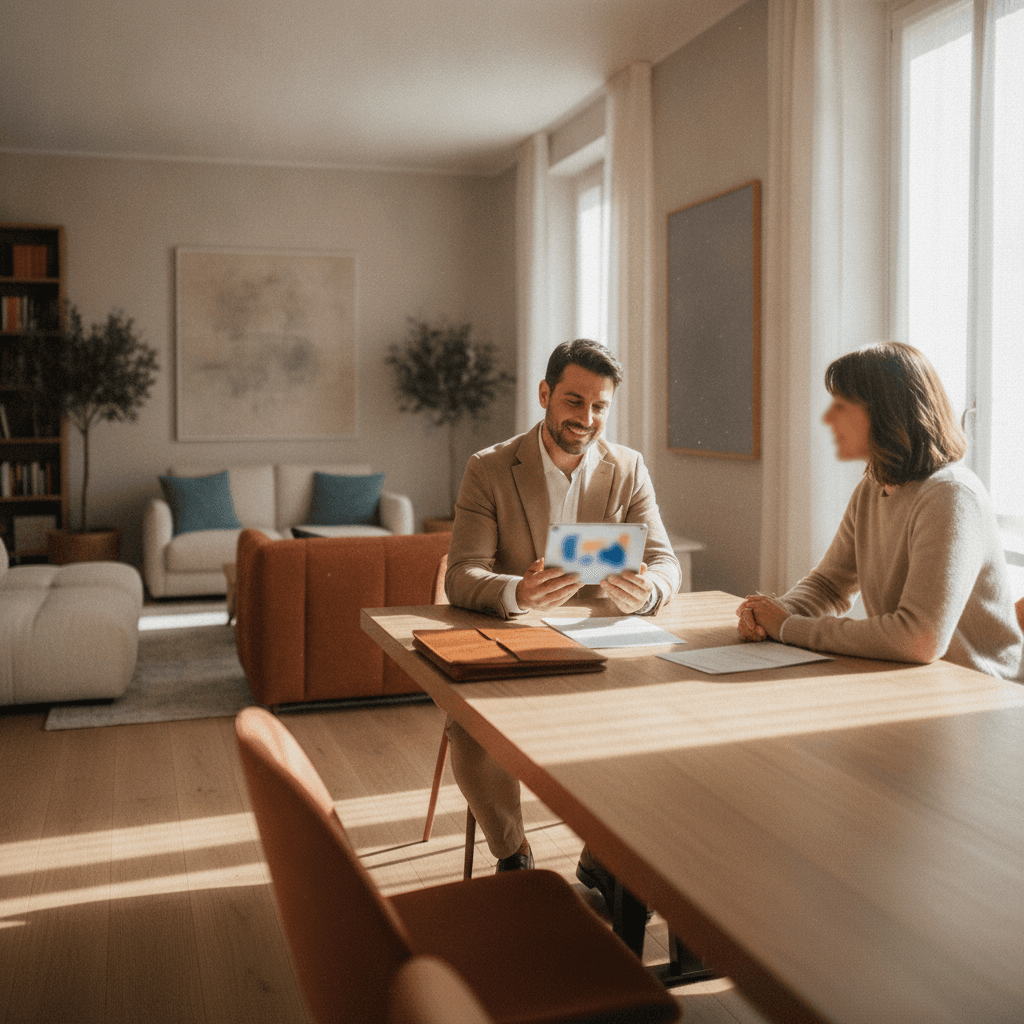 Un agente immobiliare presenta una valutazione su tablet al proprietario seduto al tavolo del soggiorno