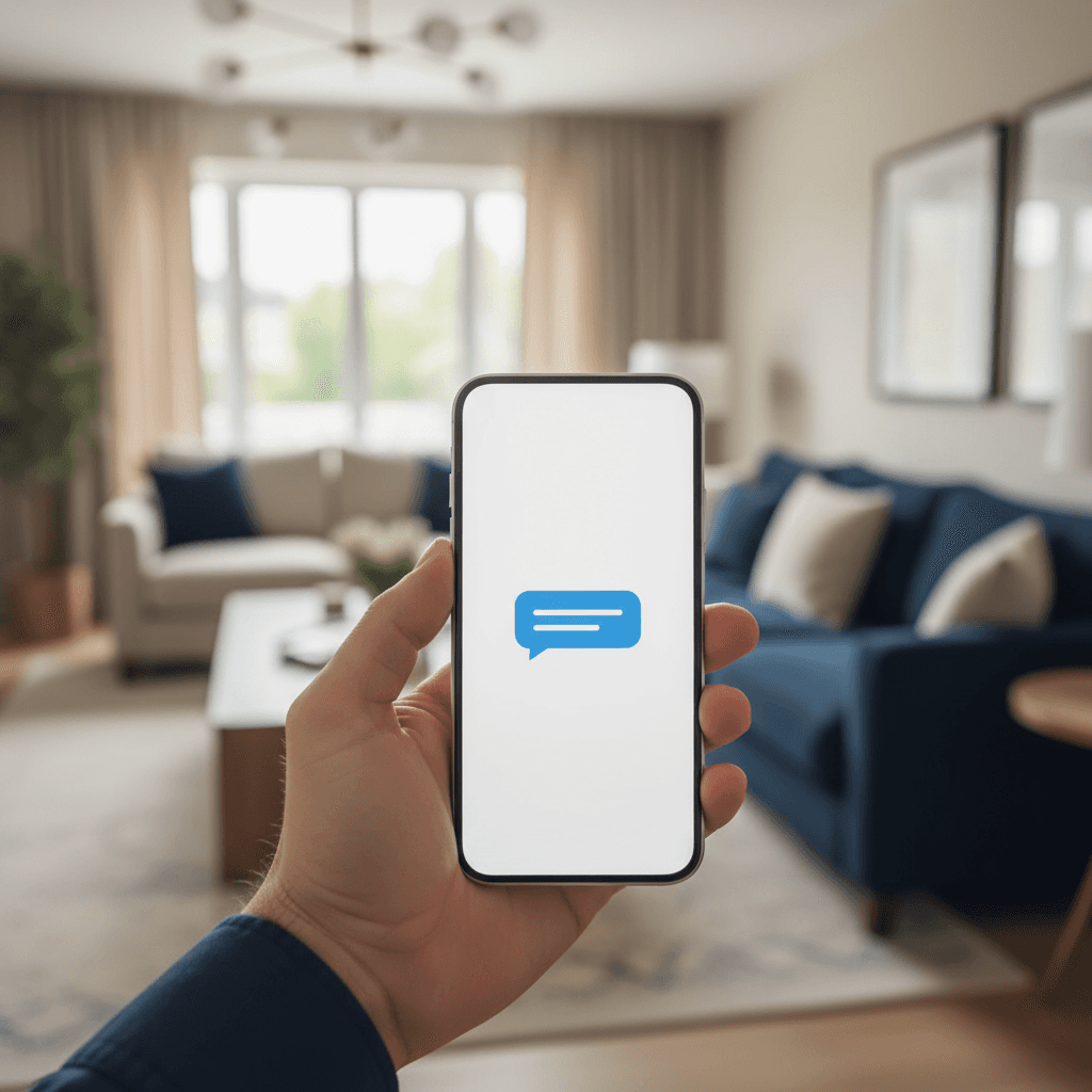 Una mano tiene uno smartphone con una notifica di messaggio in un salotto elegante